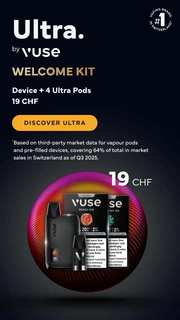 Vuse Ultra Welcome kit. Device and 4 ultra pods 19CHF. Discover ultra.