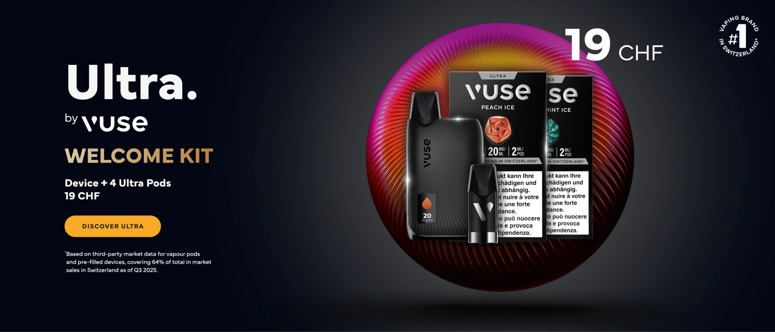 Vuse Ultra welcome kit. Device and 4 ultra pods 19CH. Discover ultra