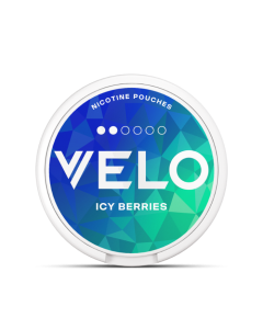 VELO Icy Berries MINI-format low-intensity nicotine pouch can, front view
