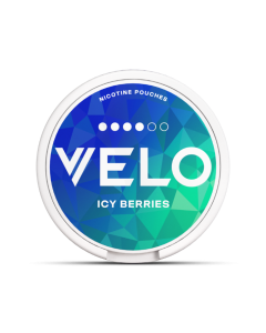 VELO Icy Berries Slim format medium-intensity nicotine pouch can, front view