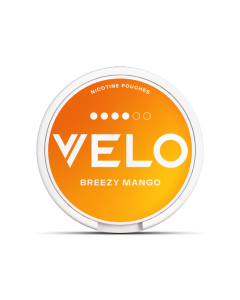 VELO Breezy Mango Slim format medium-intensity nicotine pouch can, front view