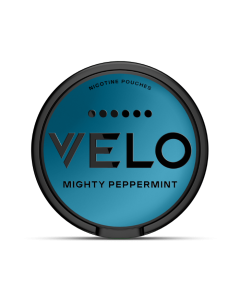 VELO Mighty Peppermint Slim format highest-intensity nicotine pouch can, front view
