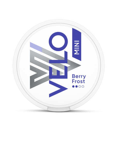 Schachtel mit Velo Berry Frost Mini Nikotinbeuteln in der Vorderansicht