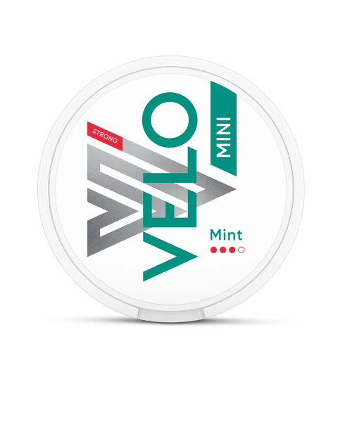 Schachtel mit Velo Mint Strong Mini Nikotinbeuteln in der Vorderansicht