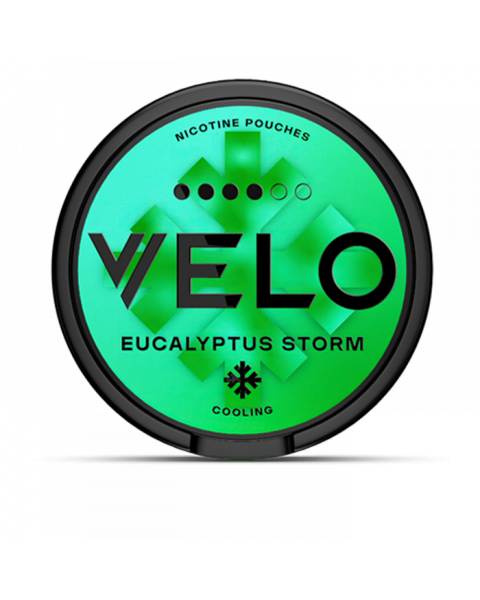 The box of VELO Eucalyptus Storm nicotine pouches from the VELO Sensates™ series