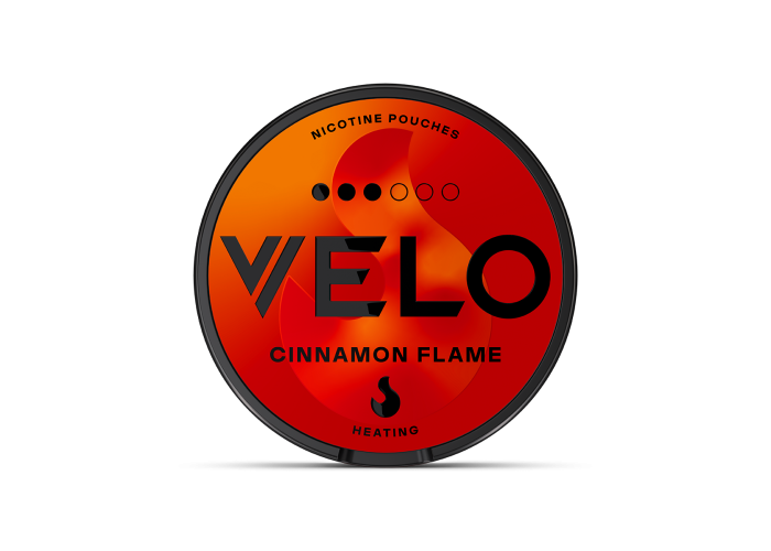 VELO Cinnamon Flame Slim format nicotine pouch can of medium intensity, front view