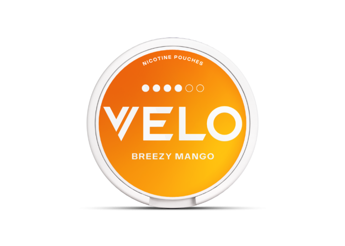 VELO Breezy Mango Slim format medium-intensity nicotine pouch can, front view