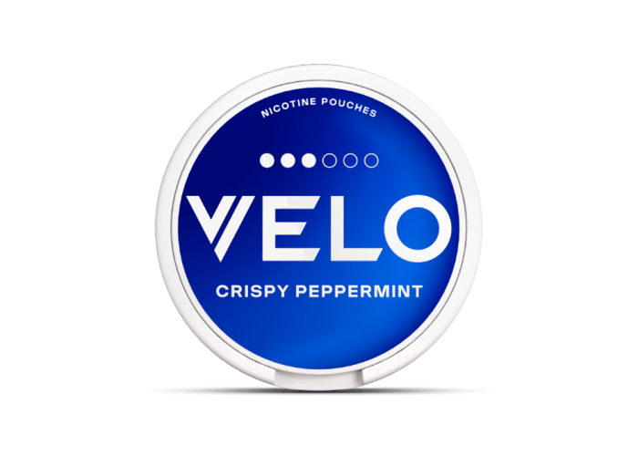 VELO Crispy Peppermint Slim format medium-intensity nicotine pouch can, front view