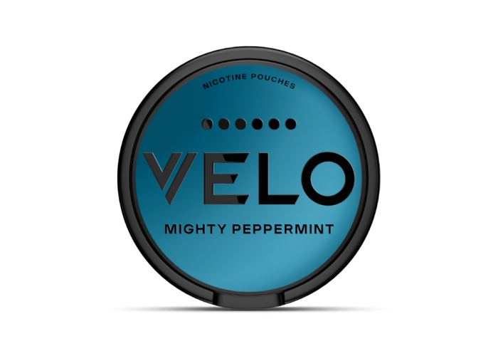 VELO Mighty Peppermint Slim format highest-intensity nicotine pouch can, front view