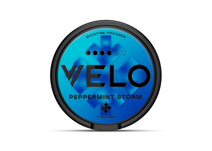 VELO Peppermint Storm Slim format nicotine pouch can of medium intensity, front view