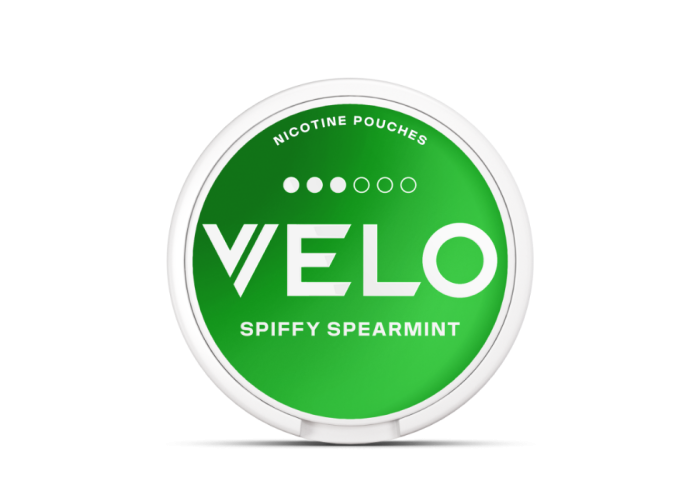 VELO Spiffy Spearmint MINI-format medium-intensity nicotine pouch can, front view