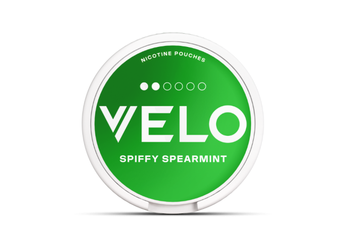 VELO Spiffy Spearmint Slim format nicotine pouch can light intensity, front view
