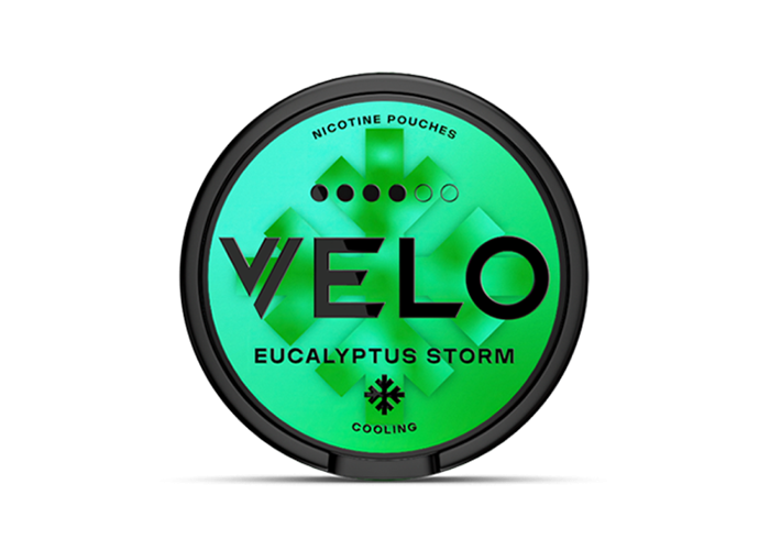 VELO Eucalyptus Storm Slim format medium-intensity nicotine pouch can, front view