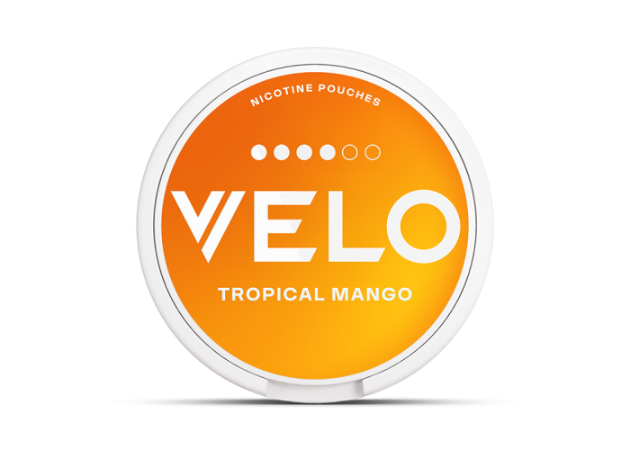 VELO Tropical Mango Slim format mid-intensity nicotine pouch tin, front view