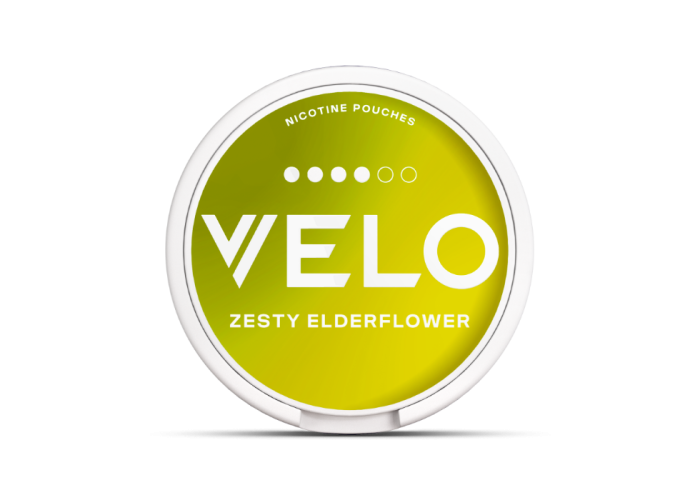 VELO Zesty Elderflower Slim format medium-intensity nicotine pouch can, front view