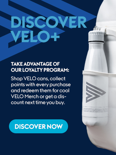 Velo+ accessories: the Velo metal tin and the white Velo bottle