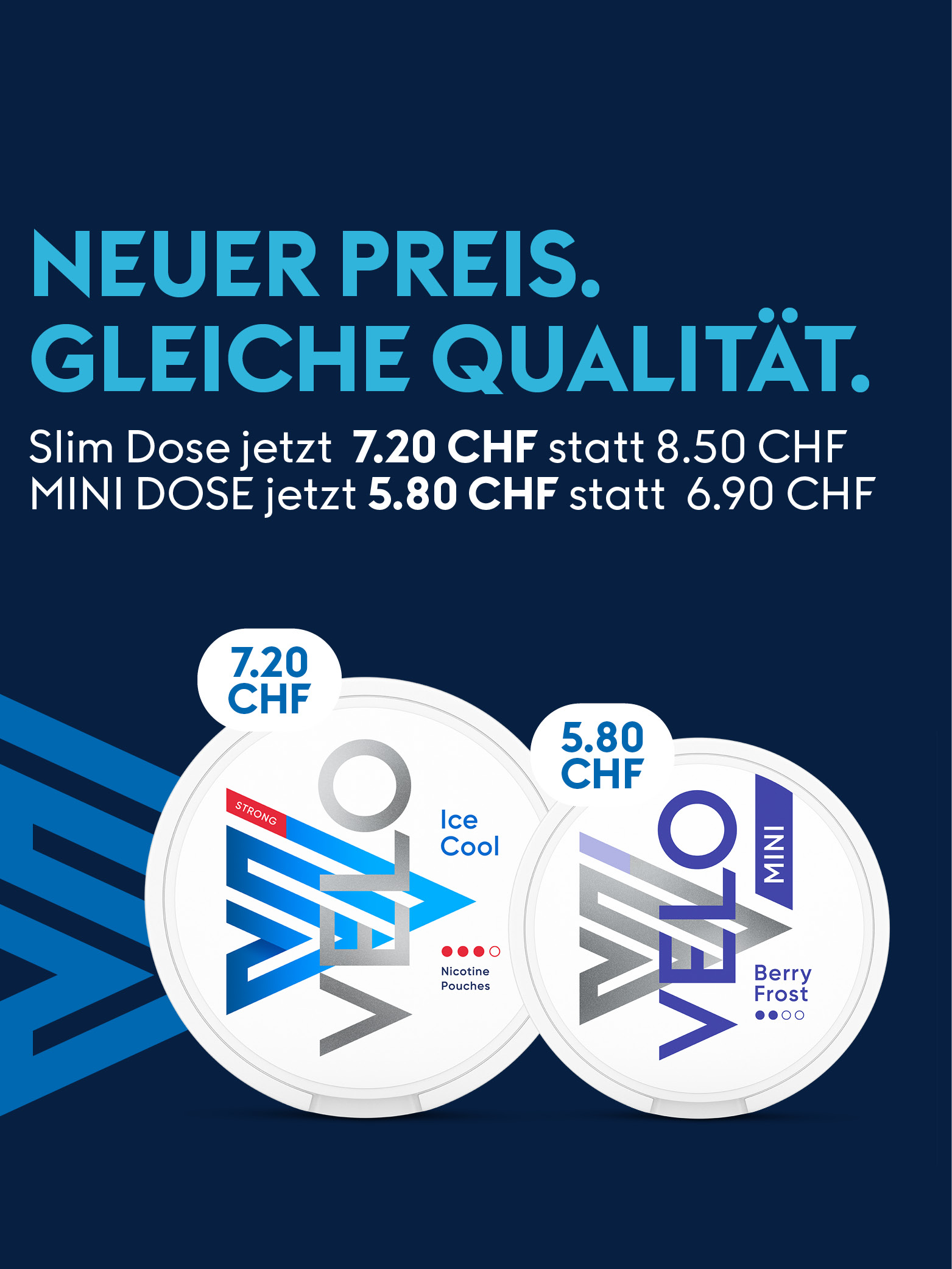Velo nicotine pouches in the most popular flavours: Berry Frost, Freeze, Mint and Ice Cool