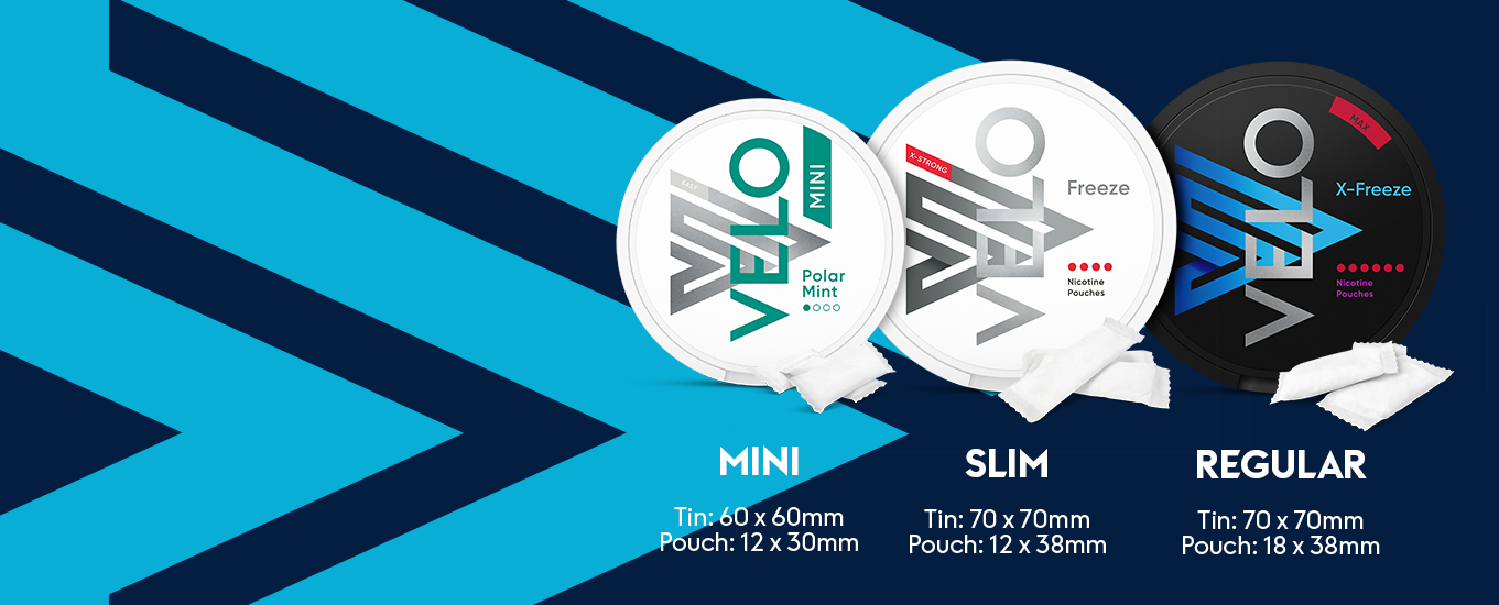 Banner presenting the different Velo nicotine sachet formats and sizes