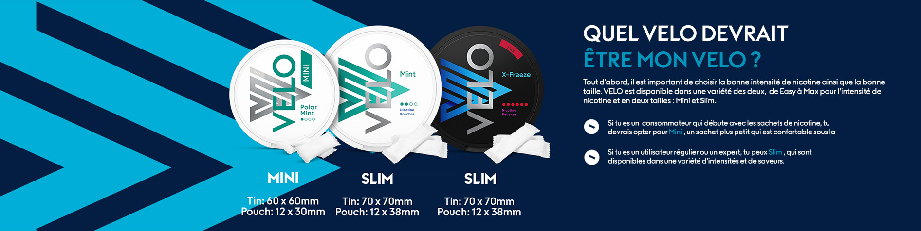 Bannière présentant les différents formats de sachets de nicotine Velo et leur taille