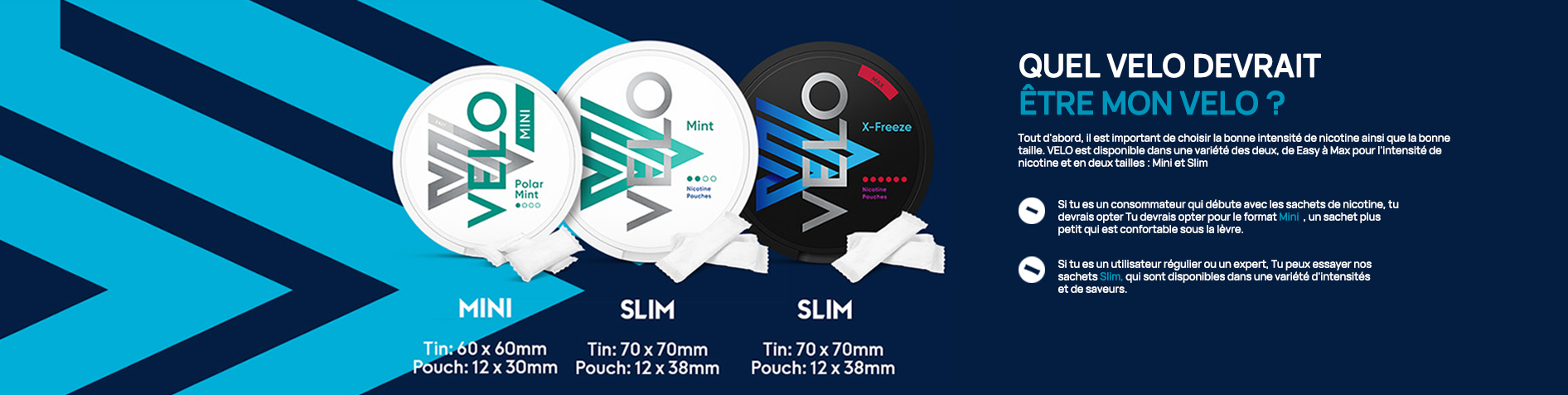 Bannière présentant les différents formats de sachets de nicotine Velo et leur taille