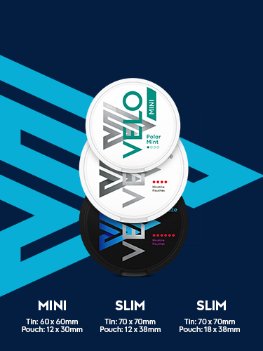 Banner presenting the different Velo nicotine sachet formats and sizes