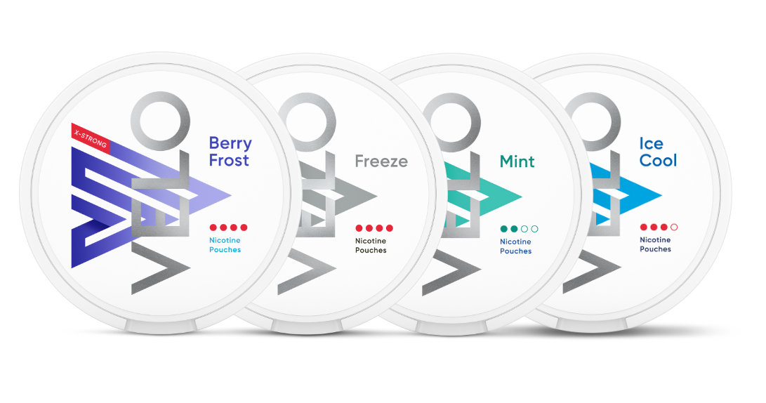 Velo nicotine pouches in the most popular flavours: Berry Frost, Freeze, Mint and Ice Cool