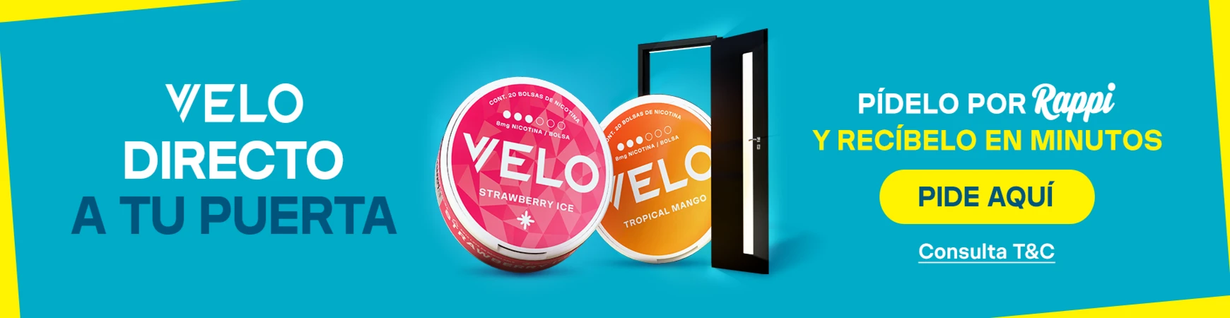 Banner móbile VELO en Rappi compra bolsas de nicotina con entrega a domicilio en México