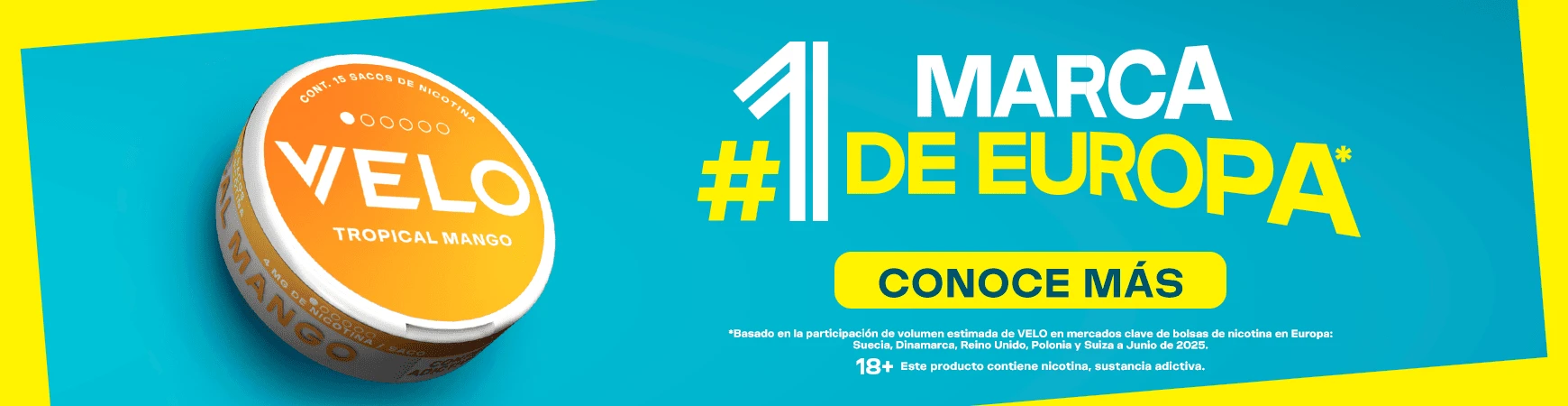 Banner móbil  VELO marca número 1 de bolsas de nicotina en Europa ahora en México