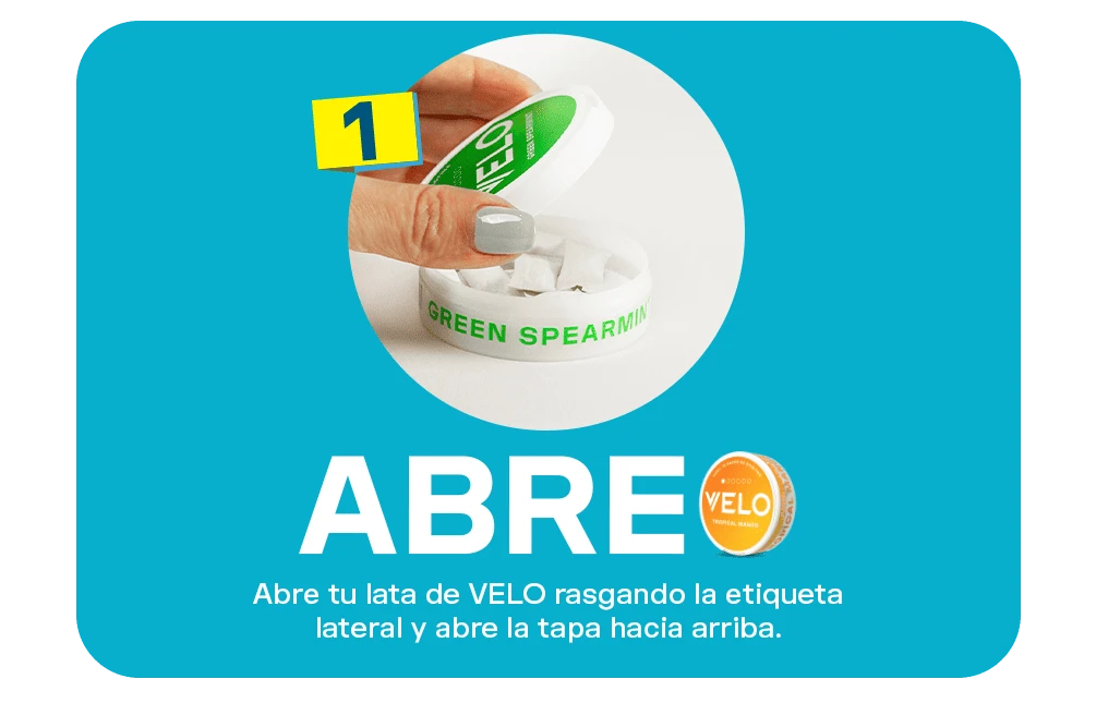 Paso Abre tu lata de bolsas de nicotina VELO rasgando la etiqueta