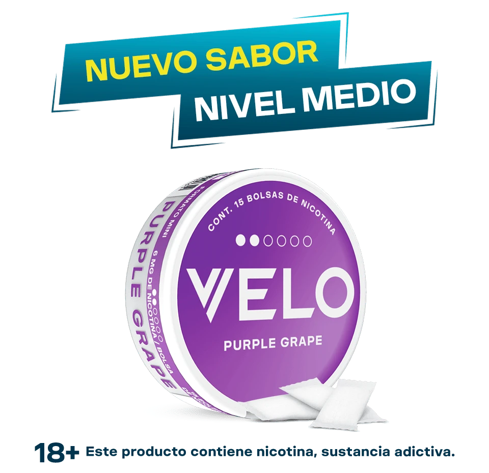 Lata morada con blanco de VELO Purple Grape 6mg con 15 bolsas de nicotina sabor uva dulce