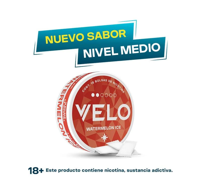 Lata roja con blanco de VELO Cherry Ice 6mg con 15 bolsas de nicotina sabor sandía refrescante