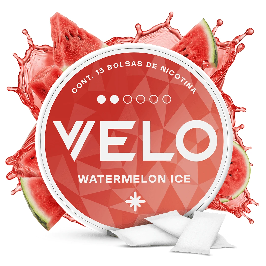 lata roja con blanco de VELO Cherry Ice 6mg con 15 bolsas de nicotina sabor cereza refrescante