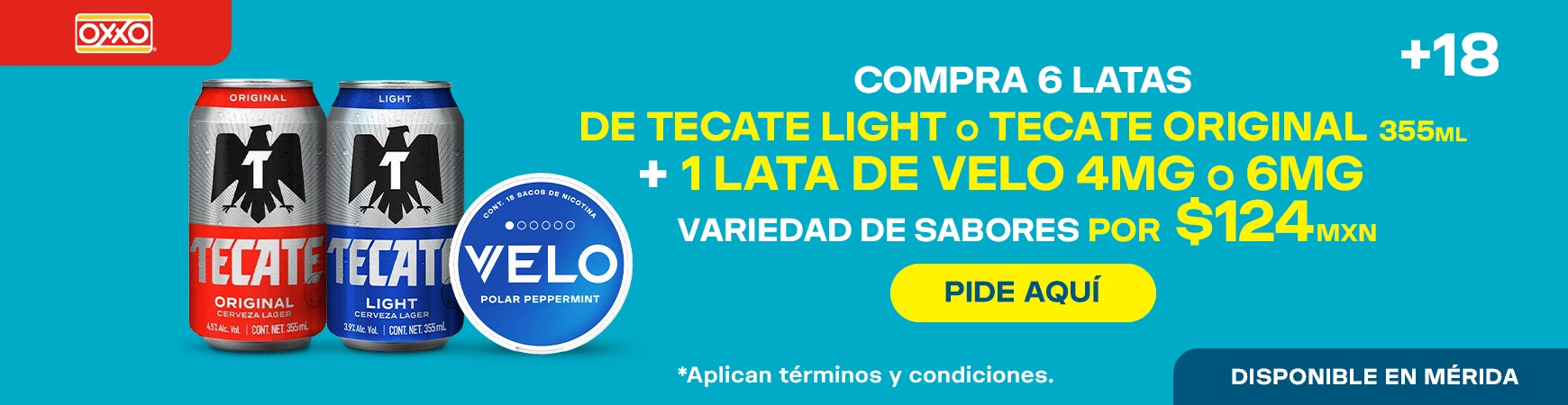 Promocion OXXO VELO 6 LATAS TECATE LIGHT Y VELO POR 109