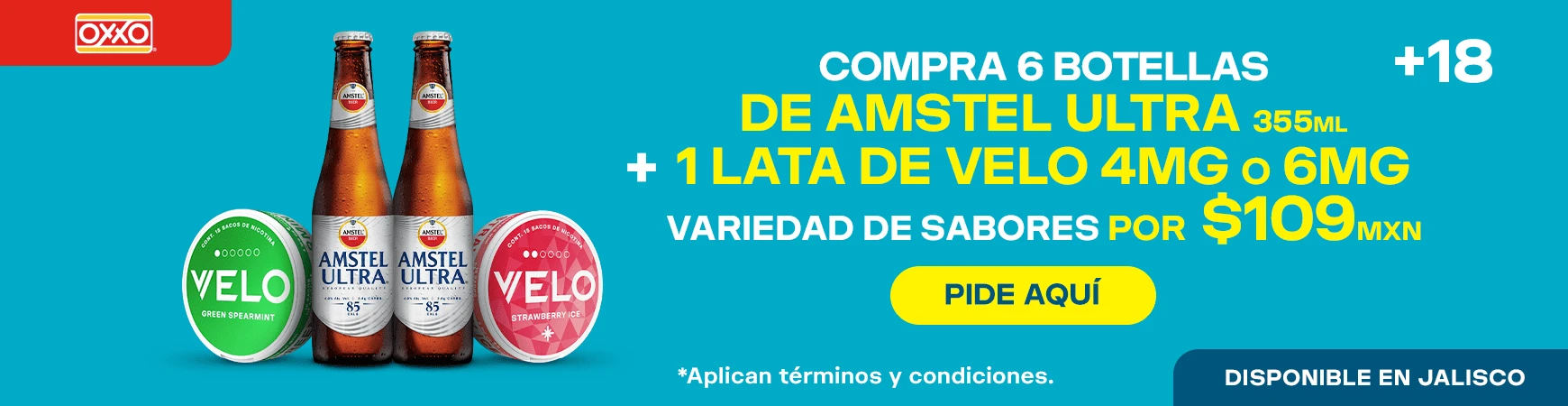 Promocion OXXO VELO 6 SIX DE AMSTEL ULTRA + 1 LATA VELO POR 109