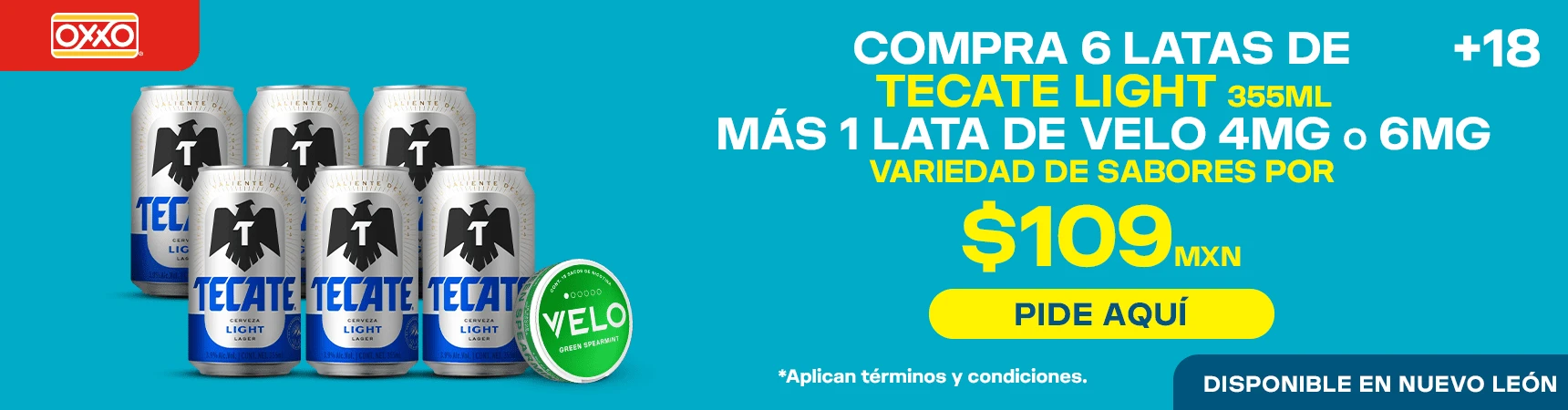 Promocion OXXO VELO 6 LATAS TECATE LIGHT Y VELO POR 109