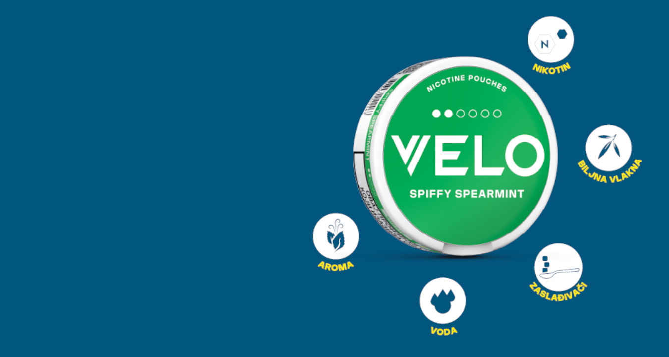 Pakovanje nikotinskih vrećica brenda Velo, s jasno istaknutim logotipom i modernim dizajnom, prikazano na neutralnoj pozadini.